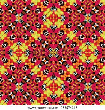Digital art technique colorful geometric abstract shapes seamless pattern in vivid and saturated reds and yellow tones.