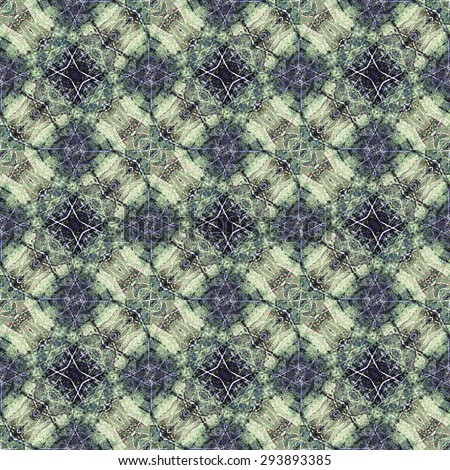 Digital art technique modern abstract decorative arts and crafts seamless pattern mosaic design in vivid green and violet tones.