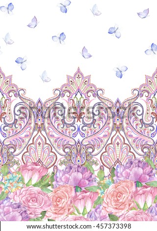 Paisley painted seamless pattern with butterflies, rose, peony, ornamental indian border, decorative striped motif. For wrapping, wallpaper, fabric, textile