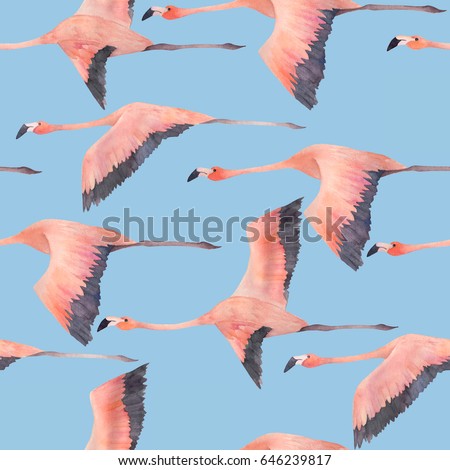 A flying flock of flamingo in the sky. Watercolor seamless pattern. Hand drawn illustration