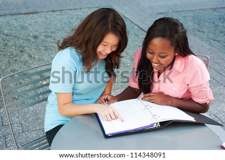 Two ethnic friends studying together laughing