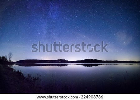 Bright Milky Way over the lake at night in Finland.