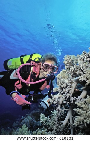 Female underwater photographer studying a soft coral  tree on a shallow Indonesian reef