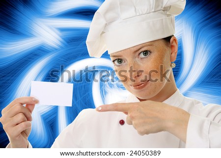 Beautiful cook woman holding blank card over a abstract background