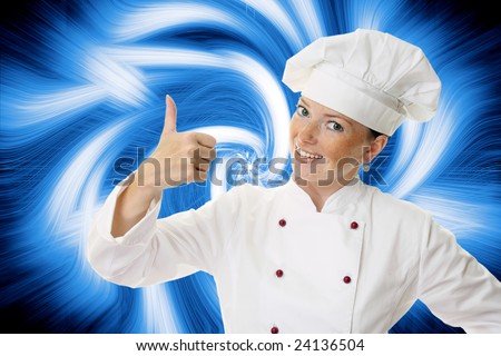 Attractive cook woman a over abstract background