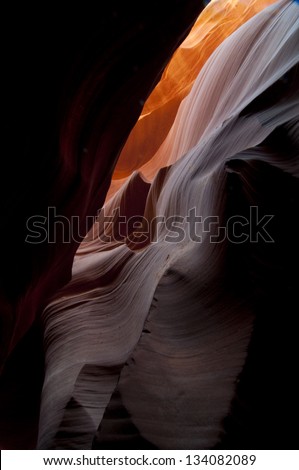 Antelope Canyon, lower slot canyon, Page, AZ/ Slit of Escape/ The lower Antelope Canyon on the Navajo Nation in Page, AZ has tight sandstone walls that bounce light back and forth.