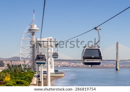 LISBON - AUGUST 25: Cable Car at the Park of the Nations, where the Expo 98 World\'s Fair took place in 1998, August 25, 2014 in Lisbon, Portugal