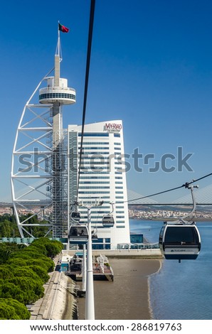 LISBON - AUGUST 25: Cable Car at the Park of the Nations, where the Expo 98 World\'s Fair took place in 1998, August 25, 2014 in Lisbon, Portugal