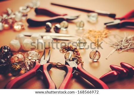 Jewelry accessories.Jewels and tools for necklace manufacturing.