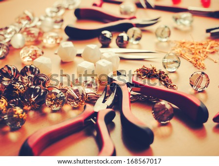 Jewelry accessories.Jewels and tools for necklace manufacturing.