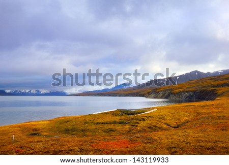 Autumn arctic landscape with ancient ruins of coast-dweller\'s house on the sea shore and distant mountain range in Spitsbergen (Svalbard island), Norway, Greenland sea