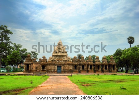 Beautiful scenic view of ancient Hindu Kailasanathar Temple (popular tourist and pilgrim attraction) against the background of cloudy blue sky in Kanchipuram, Tamil Nadu, Southern India