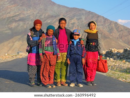 PADUM, INDIA - JUNE 25: Unidentified hindu school children go home after classes in theirs remote village on June 25, 2014  in Padum, Ladakh, Himalayas, Jammu & Kashmir, Northern India