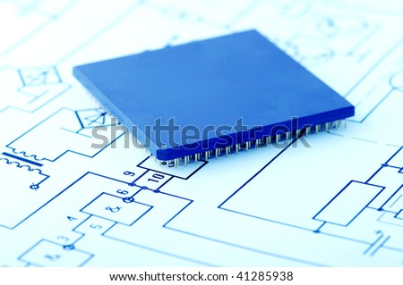 macro view of cpu pins and circuit scheme on the paper
