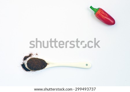 Spices. Spices in ceramic spoon over white background. Mint and chili