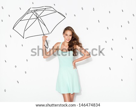 Happy woman under drawn rain and drawn umbrella