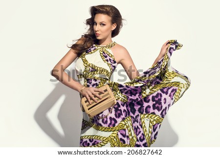 elegant woman in fancy dress posing with handbag at the studio. Cheetah pattern