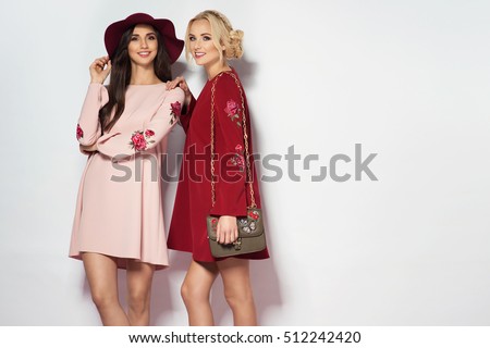 Two fashionable women in nice dresses. Fashion autumn photo