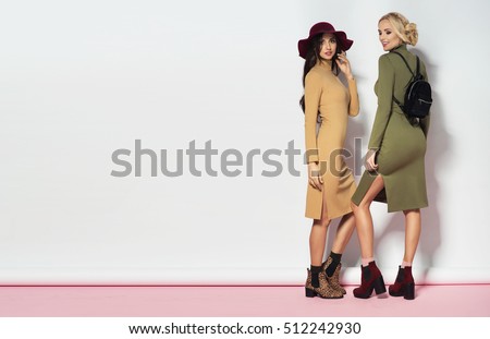 Two fashionable women in sexy dresses. Fashion autumn winter photo