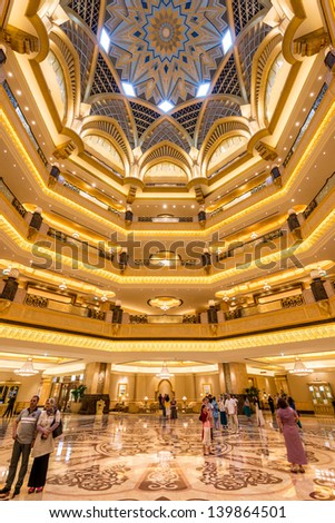 ABU DHABI, UAE - MAY 1: Emirates Palace hotel on May 1, 2013. Emirates Palace is a luxurious and the most expensive 7 star hotel designed by renowned architect, John Elliott RIBA.