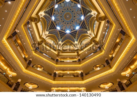 ABU DHABI, UAE - MAY 1: Emirates Palace hotel on May 1, 2013. Emirates Palace is a luxurious and the most expensive 7 star hotel designed by renowned architect, John Elliott RIBA.