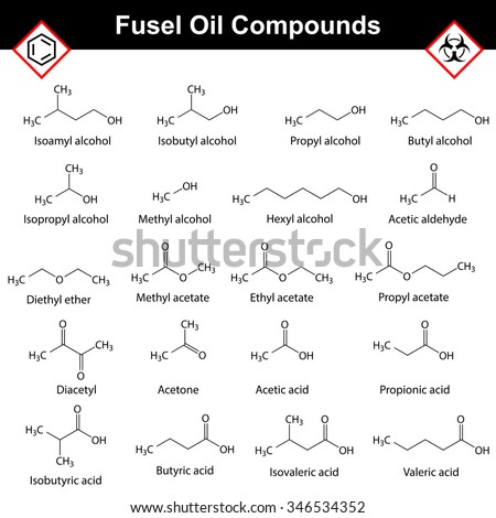 Organic compounds of fusel oil, structural chemical molecular formulas, alcohol  distillation substances, 2d raster isolated on white background