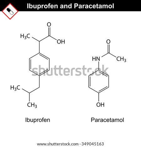 Ibuprofen and paracetamol molecules, non-steroidal  anti-inflammatory drugs, structural chemical formulas, 2d raster isolated on white background