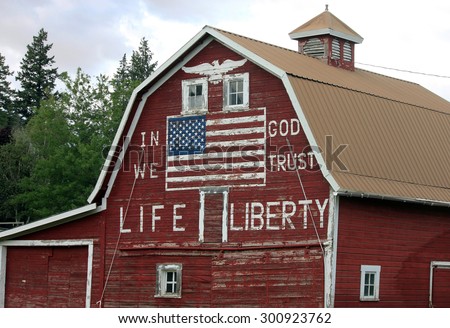 Patriotic Red Barn with Painted American Flag and \