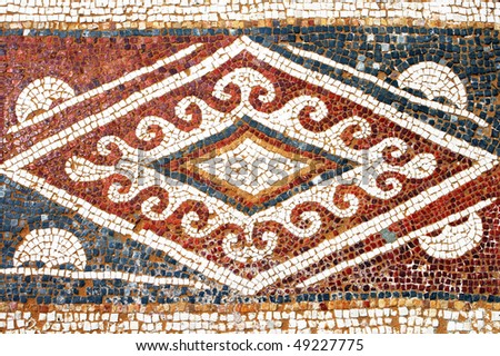 stock photo : Fragment of an ancient geometrical colorful floor mosaic in Herod`s Palace, Caesarea, Israel