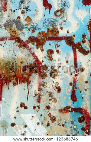Abstract background of old painted metal surface. Rusty metal, peeling paint, streaks and spots of various forms. Blue, brown, red and white tones, bright colors.
