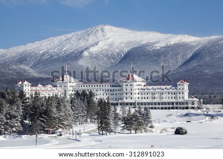 Bretton Woods, New Hampshire, United States - January 31, 2015: Winter view of the  Mount Washington Hotel and Mount Washington in the White Mountains of New Hampshire.