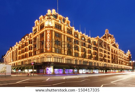 LONDON MAY 27 Harrods department store in London England on May 27 2013 Harrods is the biggest department store in Europe and has over one million square feet of retail space LONDON MAY 27 Harrods department store in London England on May 27 2013 Harrods is the biggest department store in Europe and has over one million square feet of retail space