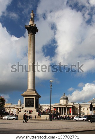 LONDON - MARCH 28: The National Gallery and Nelson\'s Column in Trafalgar Square in London, England on March 28, 2012. The National Gallery houses a collection of over 2,300 paintings.