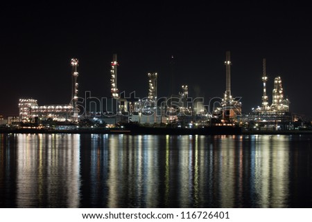 Petroleum oil refinery beside the river at night