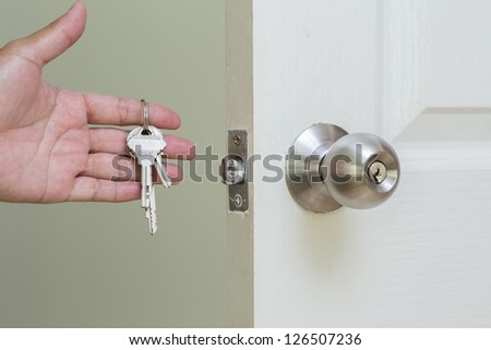 Door knob with the key in hand