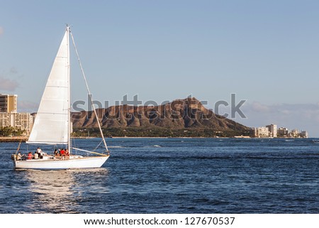 Sailing boat with Diamond head mountain background, Oahu Honolulu Hawaii