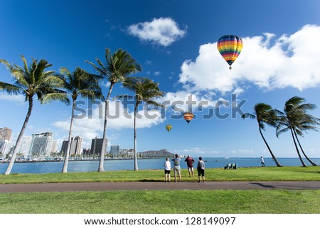 Hot air balloon over Waikiki beach with Diamond head mountain background, Hawaii