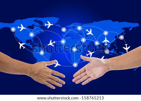 Shaking hands with world map  background