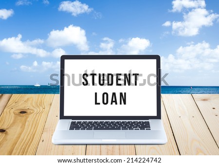 Student loan application on Laptop computer screen with seascape background