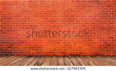Wood floor and red brick wall background