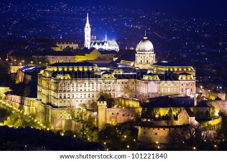 Buda Castle or Royal Palace and city at night in Budapest