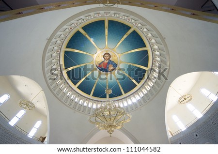 interior view of dome with image of Jesus Christ in Cathedral of Resurrection - Tirana