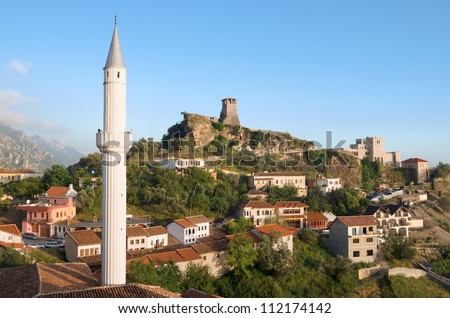view of the minaret of the Kruja village, the Clock Tower and National Museum in Skanderbeg Castle, Albania