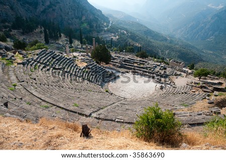 The theater at Delphi is build further up the hill from the Temple of Apollo and it presented the seated audience with a spectacular view of the entire sanctuary below and the valley beyond.
