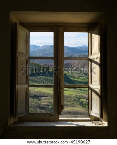 outside view of cypress trees and green hills through a shabby windows