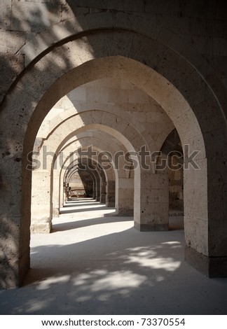 multiple arches and columns in the Sultanhani caravansary on the Silk Road, Turkey