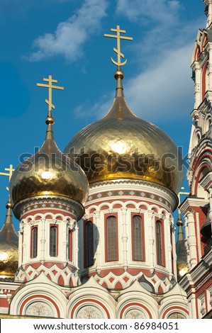 golden onion domes of orthodox church Nativity Memorial in Shipka, Bulgaria
