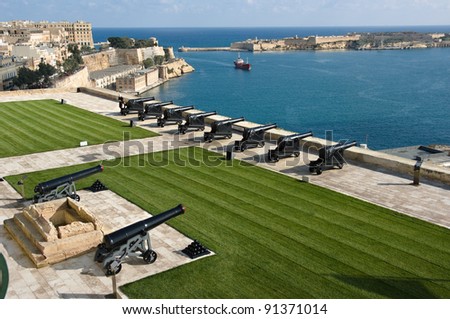 beautiful view from upper Barrakka Gardens of saluting battery and Grand Harbor of Valletta, Malta