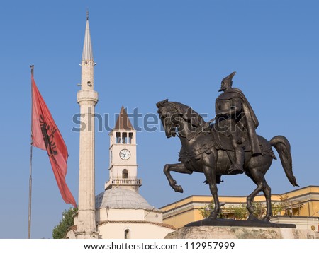 Albania Statue of Skanderbeg (national hero of the Albanians), Ethem Bey mosque and the Clock Tower in Skanderbeg Square, Tirana