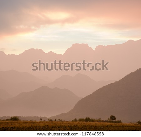 pink sunrise on the mountains ranges around Shkodra, Albania